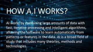 HOW A.I WORKS?
AI works by combining large amounts of data with
fast, iterative processing and intelligent algorithms,
all...