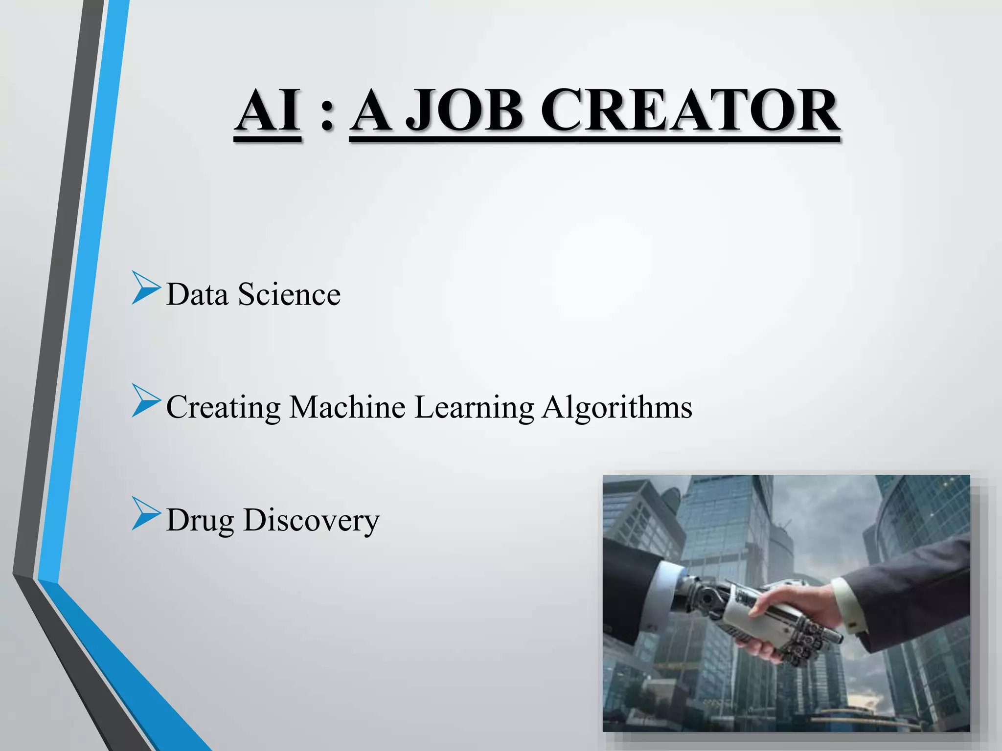 AI : A JOB CREATOR
Data Science
Creating Machine Learning Algorithms
Drug Discovery
 
