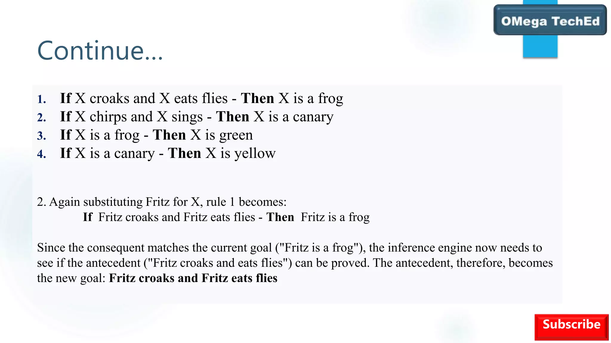 Continue…
1. If X croaks and X eats flies - Then X is a frog
2. If X chirps and X sings - Then X is a canary
3. If X is a frog - Then X is green
4. If X is a canary - Then X is yellow
2. Again substituting Fritz for X, rule 1 becomes:
If Fritz croaks and Fritz eats flies - Then Fritz is a frog
Since the consequent matches the current goal ("Fritz is a frog"), the inference engine now needs to
see if the antecedent ("Fritz croaks and eats flies") can be proved. The antecedent, therefore, becomes
the new goal: Fritz croaks and Fritz eats flies
Subscribe
 