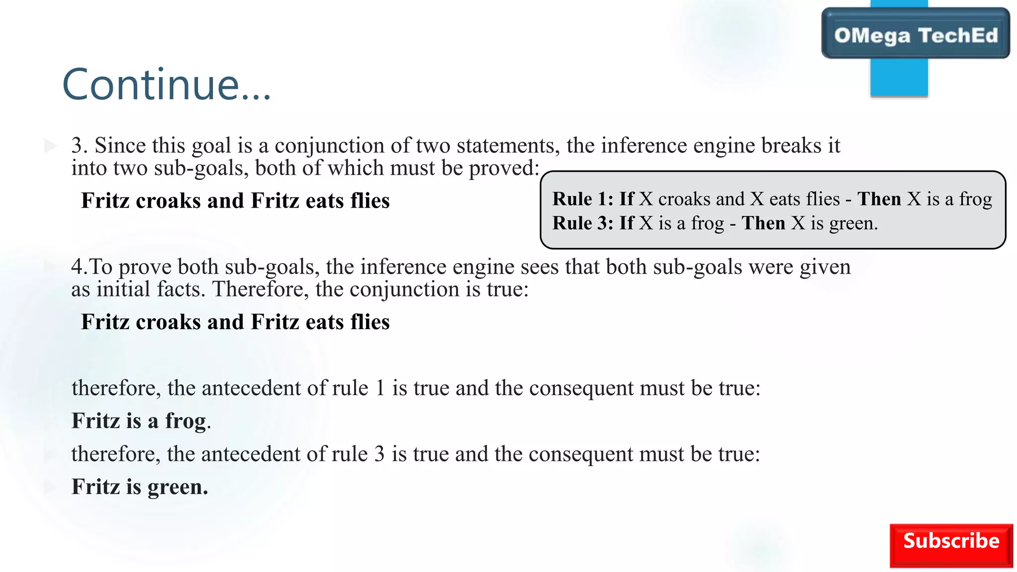 Continue…
Subscribe
 3. Since this goal is a conjunction of two statements, the inference engine breaks it
into two sub-goals, both of which must be proved:
Fritz croaks and Fritz eats flies
 4.To prove both sub-goals, the inference engine sees that both sub-goals were given
as initial facts. Therefore, the conjunction is true:
Fritz croaks and Fritz eats flies
therefore, the antecedent of rule 1 is true and the consequent must be true:
 Fritz is a frog.
 therefore, the antecedent of rule 3 is true and the consequent must be true:
 Fritz is green.
Rule 1: If X croaks and X eats flies - Then X is a frog
Rule 3: If X is a frog - Then X is green.
 