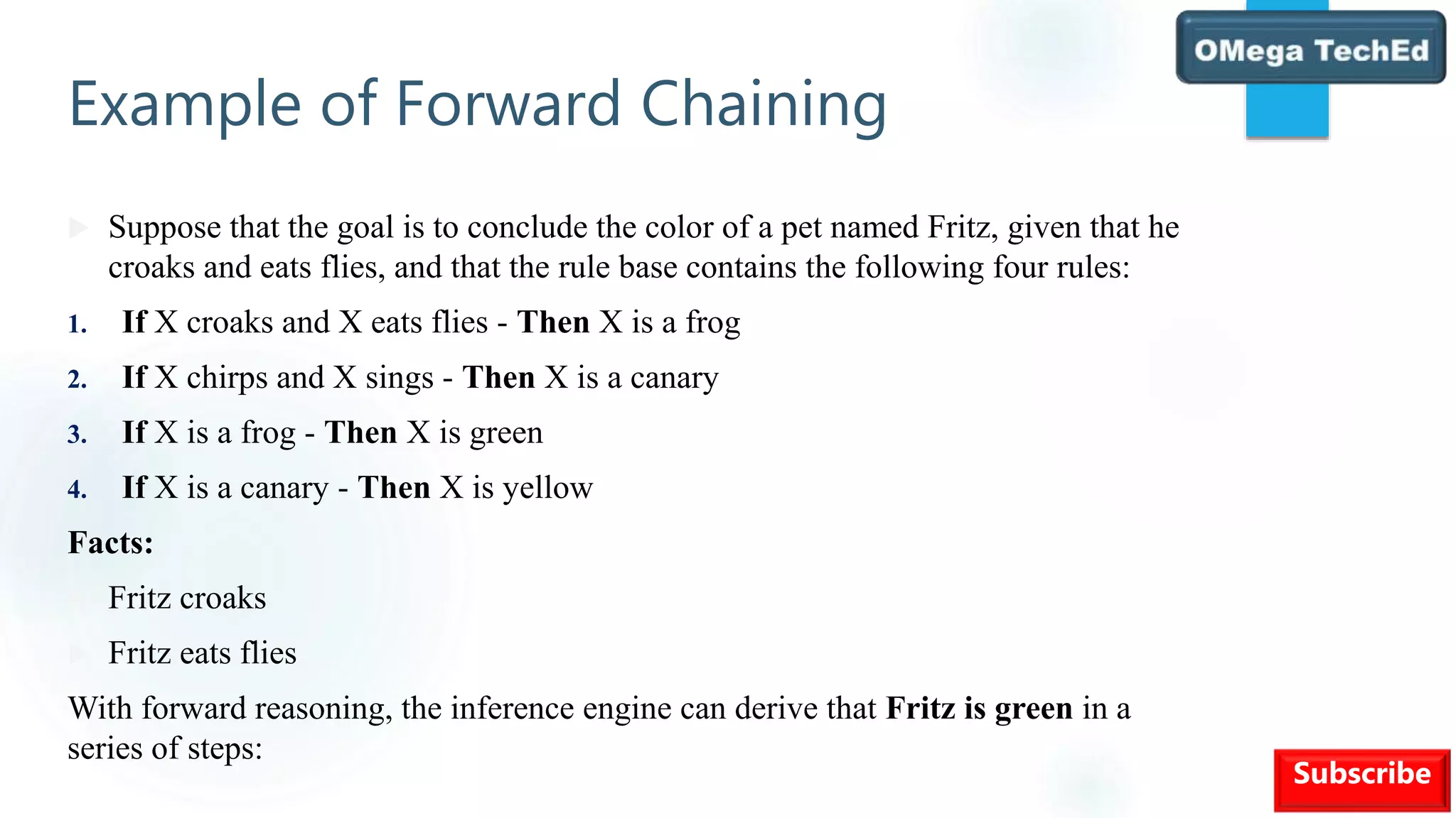 Example of Forward Chaining
 Suppose that the goal is to conclude the color of a pet named Fritz, given that he
croaks and eats flies, and that the rule base contains the following four rules:
1. If X croaks and X eats flies - Then X is a frog
2. If X chirps and X sings - Then X is a canary
3. If X is a frog - Then X is green
4. If X is a canary - Then X is yellow
Facts:
 Fritz croaks
 Fritz eats flies
With forward reasoning, the inference engine can derive that Fritz is green in a
series of steps:
Subscribe
 