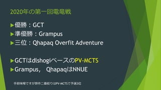2020年の第一回電竜戦
優勝：GCT
準優勝：Grampus
三位：Qhapaq Overfit Adventure
GCTはdlshogiベースのPV-MCTS
Grampus， QhapaqはNNUE
手前味噌ですが弊作二番絞り...