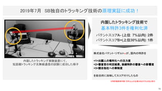 内製したトラッキング実験装置にて、
短距離トラッキング光無線通信の試験に成功した様子
2019年7月　SB独自のトラッキング技術の原理実証に成功！ 
内製したトラッキング技術で
基本特許3件を権利化済
パテントスコアA- (上位 7%以内)：2件
パテントスコアB+(上位30%以内)：1件
株式会社パテント・リザルト※が、国内の特許を
<1>出願人の権利化への注力度
<2>審査官の判定結果、後続特許の審査への影響度
<3>競合他社への牽制度
を総合的に加味してスコア付けしたもの
※特許権保有件数1万件以上の企業24社のうち22社と取引  
16
 