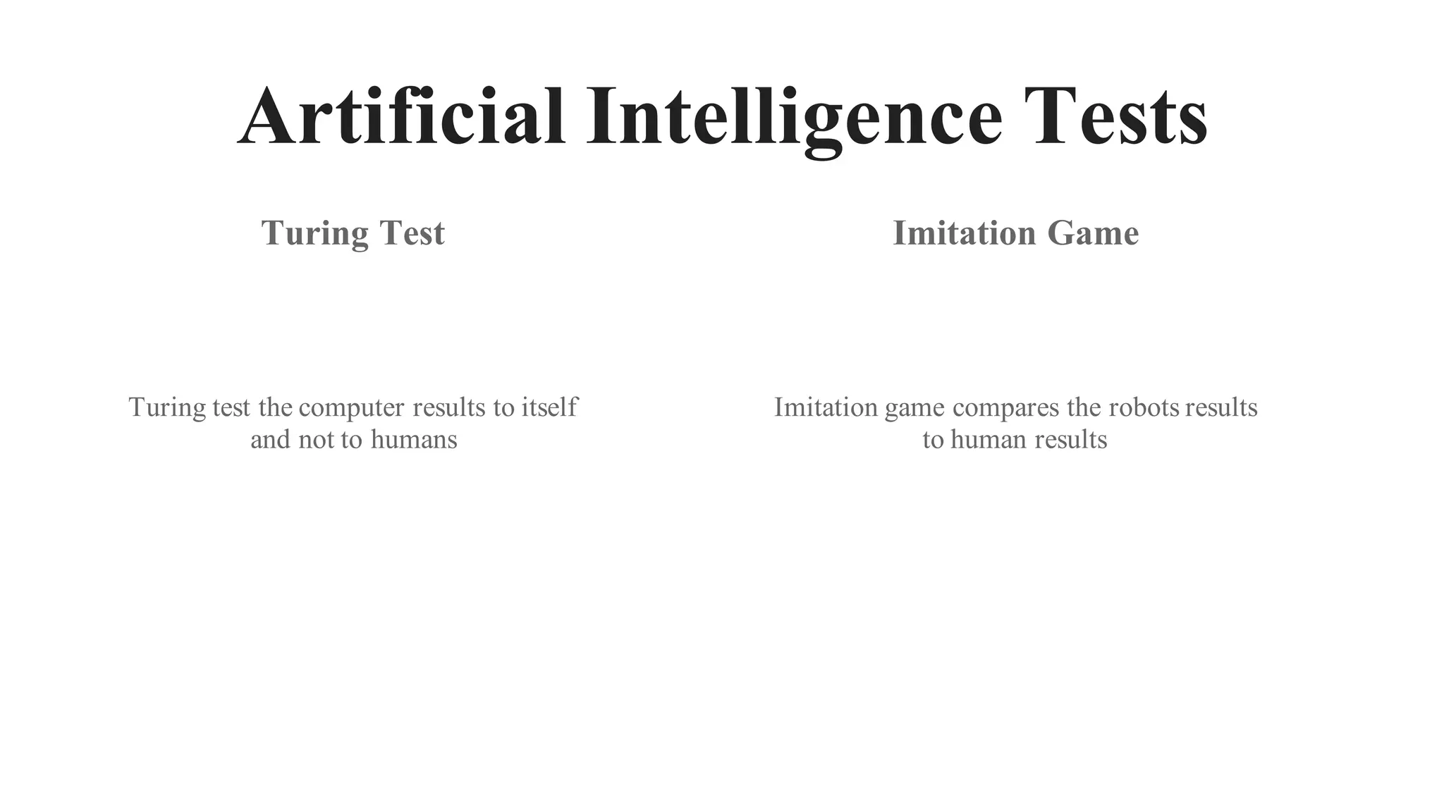 Artificial Intelligence Tests
Turing Test Imitation Game
Turing test the computer results to itself
and not to humans
Imitation game compares the robots results
to human results
 