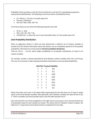 Artificial Intelligence Page 125
Probability Theory provides us with the formal mechanisms and rules for manipulating propositions
represented probabilistically. The following are the three axioms of probability theory:
 0 <= P(A=a) <= 1 for all a in sample space of A
 P(True)=1, P(False)=0
 P(A v B) = P(A) + P(B) - P(A ^ B)
From these axioms we can show the following properties also hold:
 P(~A) = 1 - P(A)
 P(A) = P(A ^ B) + P(A ^ ~B)
 Sum{P(A=a)} = 1, where the sum is over all possible values a in the sample space of A
Joint Probability Distribution
Given an application domain in which we have determined a sufficient set of random variables to
encode all of the relevant information about that domain, we can completely specify all of the possible
probabilistic information by constructing the full joint probability distribution,
P(V1=v1, V2=v2, ..., Vn=vn), which assigns probabilities to all possible combinations of values to all
random variables.
For example, consider a domain described by three Boolean random variables, Bird, Flier, and Young.
Then we can enumerate a table showing all possible interpretations and associated probabilities:
Bird Flier Young Probability
T T T 0.0
T T F 0.2
T F T 0.04
T F F 0.01
F T T 0.01
F T F 0.01
F F T 0.23
F F F 0.5
Notice that there are 8 rows in the above table representing the fact that there are 23
ways to assign
values to the three Boolean variables. More generally, with n Boolean variables the table will be of size
2n
. And if n variables each had k possible values, then the table would be size kn
.
Also notice that the sum of the probabilities in the right column must equal 1 since we know that the set
of all possible values for each variable are known. This means that for n Boolean random variables, the
table has 2n
-1 values that must be determined to completely fill in the table.
 