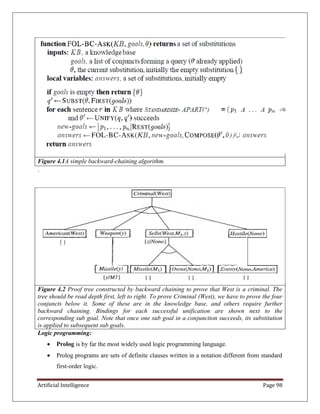 Artificial Intelligence Page 98
Figure 4.1A simple backward-chaining algorithm.
.
Figure 4.2 Proof tree constructed by backward chaining to prove that West is a criminal. The
tree should be read depth first, left to right. To prove Criminal (West), we have to prove the four
conjuncts below it. Some of these are in the knowledge base, and others require further
backward chaining. Bindings for each successful unification are shown next to the
corresponding sub goal. Note that once one sub goal in a conjunction succeeds, its substitution
is applied to subsequent sub goals.
Logic programming:
 Prolog is by far the most widely used logic programming language.
 Prolog programs are sets of definite clauses written in a notation different from standard
first-order logic.
 
