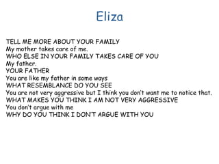 Eliza
TELL ME MORE ABOUT YOUR FAMILY
My mother takes care of me.
WHO ELSE IN YOUR FAMILY TAKES CARE OF YOU
My father.
YOUR FATHER
You are like my father in some ways
WHAT RESEMBLANCE DO YOU SEE
You are not very aggressive but I think you don’t want me to notice that.
WHAT MAKES YOU THINK I AM NOT VERY AGGRESSIVE
You don’t argue with me
WHY DO YOU THINK I DON’T ARGUE WITH YOU
 