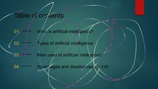 01 What is artificial intelligence?
Table of contents
02 Types of artificial intelligence
03 Main uses of artificial intelligence
04 Advantages and disadvantages of AI
 