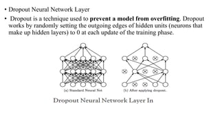 • Dropout Neural Network Layer
• Dropout is a technique used to prevent a model from overfitting. Dropout
works by randomly setting the outgoing edges of hidden units (neurons that
make up hidden layers) to 0 at each update of the training phase.
 
