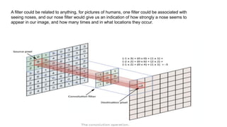 A filter could be related to anything, for pictures of humans, one filter could be associated with
seeing noses, and our nose filter would give us an indication of how strongly a nose seems to
appear in our image, and how many times and in what locations they occur.
 