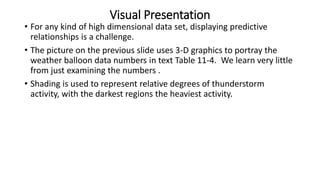 Visual Presentation
• For any kind of high dimensional data set, displaying predictive
relationships is a challenge.
• The picture on the previous slide uses 3-D graphics to portray the
weather balloon data numbers in text Table 11-4. We learn very little
from just examining the numbers .
• Shading is used to represent relative degrees of thunderstorm
activity, with the darkest regions the heaviest activity.
 