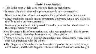 Market Basket Analysis
• This is the most widely used machine learning techniques.
• It essentially determines what products people purchase together.
• Stores can use this information to place these products in the same area.
• Direct marketers can use this information to determine which new products
to offer to their current customers.
• Inventory policies can be improved if reorder points reflect the demand for
the complementary products.
We first need a list of transactions and what was purchased. This is pretty
easily obtained these days from scanning cash registers.
Next, we choose a list of products to analyze, and tabulate how many times
each was purchased with the others.
The diagonals of the table shows how often a product is purchased in any
combination, and the off-diagonals show which combinations were bought.
 