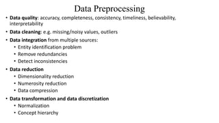 Data Preprocessing
• Data quality: accuracy, completeness, consistency, timeliness, believability,
interpretability
• Data cleaning: e.g. missing/noisy values, outliers
• Data integration from multiple sources:
• Entity identification problem
• Remove redundancies
• Detect inconsistencies
• Data reduction
• Dimensionality reduction
• Numerosity reduction
• Data compression
• Data transformation and data discretization
• Normalization
• Concept hierarchy
 