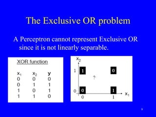 The Exclusive OR problem
A Perceptron cannot represent Exclusive OR
since it is not linearly separable.
9
 