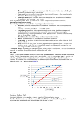 33
• True negatives occur when your system predicts that an observation does not belong to
a class and it does not belong to that class.
• False positives occur when you predict an observation belongs to a class when in reality
it does not. Also known as a type 2 error.
• False negatives occur when you predict an observation does not belong to a class when
in fact it does. Also known as a type 1 error.
From the outcomes listed above, we can evaluate a model using various performance metrics.
Metrics for classification models
The following metrics are reported when evaluating classification models:
• Accuracy measures the proportion of true results to total cases. Aim for a high accuracy
rate.
accuracy = # correct predictions / # total data points
• Log loss is a single score that represents the advantage of the classifier over a random
prediction. The log loss measures the uncertainty of your model by comparing the
probabilities of it’s outputs to the known values (ground truth).. You want to minimize log
loss for the model as a whole.
• Precision is the proportion of true results over all positive results.
• Recall is the fraction of all correct results returned by the model.
• F1-score is the weighted average of precision and recall between 0 and 1, where the ideal
F-score value is 1.
• AUC measures the area under the curve plotted with true positives on the y axis and false
positives on the x axis. This metric is useful because it provides a single number that lets
you compare models of different types.
Confusion Matrix the correlation between the label and the model’s classification. One axis of a confusion
matrix is the label that the model predicted, and the other axis is the
ROC Chart
The ROC chart is similar to the gain or lift charts in that they provide a means of comparison between classification
models. The ROC chart shows false positive rate (1-specificity) on X-axis, the probability of target=1 when its true
value is 0, against true positive rate (sensitivity) on Y-axis, the probability of target=1 when its true value is
1. Ideally, the curve will climb quickly toward the top-left meaning the model correctly predicted the cases. The
diagonal red line is for a random model (ROC101).
Area Under the Curve (AUC)
Area under ROC curve is often used as a measure of quality of the classification models.
A random classifier has an area under the curve of 0.5, while AUC for a perfect classifier is equal to 1.
In practice, most of the classification models have an AUC between 0.5 and 1.
 