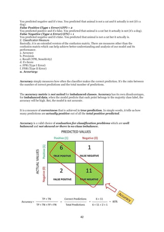 42
You predicted negative and it’s true. You predicted that animal is not a cat and it actually is not (it’s a
dog).
False Positive (Type 1 Error) (FP) = 2
You predicted positive and it’s false. You predicted that animal is a cat but it actually is not (it’s a dog).
False Negative (Type 2 Error) (FN) = 1
You predicted negative and it’s false. You predicted that animal is not a cat but it actually is.
2. Classification Measure
Basically, it is an extended version of the confusion matrix. There are measures other than the
confusion matrix which can help achieve better understanding and analysis of our model and its
performance.
a. Accuracy
b. Precision
c. Recall (TPR, Sensitivity)
d. F1-Score
e. FPR (Type I Error)
f. FNR (Type II Error)
a. Accuracy:
Accuracy simply measures how often the classifier makes the correct prediction. It’s the ratio between
the number of correct predictions and the total number of predictions.
The accuracy metric is not suited for imbalanced classes. Accuracy has its own disadvantages,
for imbalanced data, when the model predicts that each point belongs to the majority class label, the
accuracy will be high. But, the model is not accurate.
It is a measure of correctness that is achieved in true prediction. In simple words, it tells us how
many predictions are actually positive out of all the total positive predicted.
Accuracy is a valid choice of evaluation for classification problems which are well
balanced and not skewed or there is no class imbalance.
 