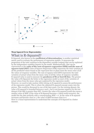 56
Fig 2.
Mean Squared Error Representation
What is R-Squared?
R-Squared, also known as the coefficient of determination, is another statistical
metric used to evaluate the performance of regression models. It measures the
proportion of the total variation in the dependent variable (output) that can be explained
by the independent variables (inputs) in the model. Mathematically, that can be
represented as the ratio of the sum of squares regression (SSR) and the sum of
squares total (SST). Sum of Squares Regression (SSR) represents the total variation of
all the predicted values found on the regression line or plane from the mean value of all
the values of response variables. The sum of squares total (SST) represents the total
variation of actual values from the mean value of all the values of response variables.
R-squared value is used to measure the goodness of fit or best-fit line. The greater
the value of R-Squared, the better is the regression model as most of the variation of
actual values from the mean value get explained by the regression model.
However, we need to take caution while relying on R-squared to assess the performance
of the regression model. This is where the adjusted R-squared concept comes into the
picture. This would be discussed in one of the later posts. For the training dataset, the
value of R-squared is bounded between 0 and 1, but it can become negative for the test
dataset if the SSE is greater than SST. Greater the value of R-squared would also mean a
smaller value of MSE. If the value of R-Squared becomes 1 (ideal world scenario), the
model fits the data perfectly with a corresponding MSE = 0. As the value of R-squared
increases and become close to 1, the value of MSE becomes close to 0.
Here is a visual representation to understand the concepts of R-Squared in a better
manner.
 