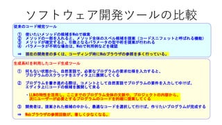 ソフトウェア開発ツールの比較
従来のコード補完ツール
① 使いたいメソッドの候補をWebで検索
② メソッドの一部を入れると、メソッド全体のスペル候補を提案（コードスニフェットと呼ばれる機能）
③ メソッドが確定すると、引数となるパラメータの型や桁を提案が行われる
④ パラメータが不明な場合は、Webで利用例などを確認
⇒ 現在の開発者の多くは、コーディング時にWebブラウザの参照を多く行っている。
生成系AIを利用したコード生成ツール
① 何もない状態から、自然言語で、必要なプログラムの要求仕様を入力すると、
プログラムのスクラッチをエディタ上に展開してくる
② プログラムを書き進める際は、コメントとして自然言語でプログラムの要件を入力してゆけば、
エディタ上にコードの候補を展開して来る
・LLMの特性を活用し、ここまでのプログラム全体の文脈や、プロジェクトの内容から、
次にユーザーが必要とするプログラムのコードを的確に提案してくる
③ 開発者は、提案された候補の中から、最適なコードを選択して行けば、作りたいプログラムが完成する
⇒ Webブラウザの参照回数が、著しく少なくなる。
 