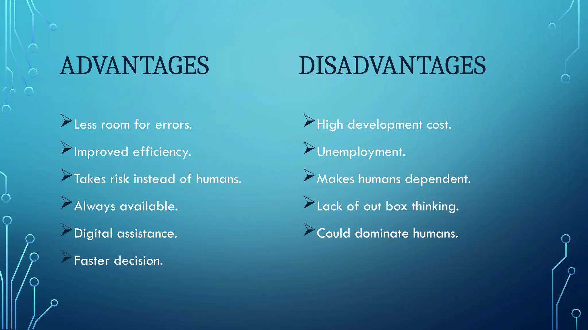 ADVANTAGES DISADVANTAGES
Less room for errors.
Improved efficiency.
Takes risk instead of humans.
Always available.
Digital assistance.
Faster decision.
High development cost.
Unemployment.
Makes humans dependent.
Lack of out box thinking.
Could dominate humans.
 