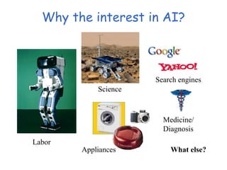 Why the interest in AI?
Search engines
Labor
Science
Medicine/
Diagnosis
Appliances What else?
 