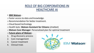 ROLE OF BIG CORPORATIONS IN
HEALTHCARE AI
• IBM Watson -
o Faster access to data and knowledge.
o Recommendation for better treatment.
o Cloud based technology
o Health bots: Watson Assistant for Citizens (chatbot)
o Watson Care Manager: Personalized plan for optimal treatment
o Future plans of Watson -
1. Drug discovery process
2. Care management
3. Cancer treatment
4. Clinical trials
 