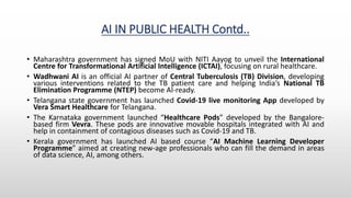 AI IN PUBLIC HEALTH Contd..
• Maharashtra government has signed MoU with NITI Aayog to unveil the International
Centre for Transformational Artificial Intelligence (ICTAI), focusing on rural healthcare.
• Wadhwani AI is an official AI partner of Central Tuberculosis (TB) Division, developing
various interventions related to the TB patient care and helping India’s National TB
Elimination Programme (NTEP) become AI-ready.
• Telangana state government has launched Covid-19 live monitoring App developed by
Vera Smart Healthcare for Telangana.
• The Karnataka government launched “Healthcare Pods” developed by the Bangalore-
based firm Vevra. These pods are innovative movable hospitals integrated with AI and
help in containment of contagious diseases such as Covid-19 and TB.
• Kerala government has launched AI based course “AI Machine Learning Developer
Programme” aimed at creating new-age professionals who can fill the demand in areas
of data science, AI, among others.
 