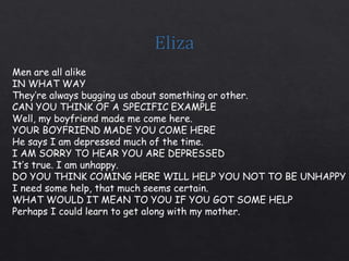 Men are all alike
IN WHAT WAY
They’re always bugging us about something or other.
CAN YOU THINK OF A SPECIFIC EXAMPLE
Well, my boyfriend made me come here.
YOUR BOYFRIEND MADE YOU COME HERE
He says I am depressed much of the time.
I AM SORRY TO HEAR YOU ARE DEPRESSED
It’s true. I am unhappy.
DO YOU THINK COMING HERE WILL HELP YOU NOT TO BE UNHAPPY
I need some help, that much seems certain.
WHAT WOULD IT MEAN TO YOU IF YOU GOT SOME HELP
Perhaps I could learn to get along with my mother.
 