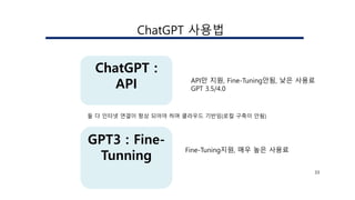 33
ChatGPT :
API
GPT3 : Fine-
Tunning
ChatGPT 사용법
둘 다 인터넷 연결이 항상 되어야 하며 클라우드 기반임(로컬 구축이 안됨)
API만 지원, Fine-Tuning안됨, 낮은 사용료
GPT 3.5/4.0
Fine-Tuning지원, 매우 높은 사용료
 