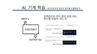 AI, 기계 학습 : 데이터로부터 임의의 함수를 도출해보자!
입력값으로 부터 결과 값을 내는
함수를 만들어 내는 것
하드코딩 인공지능(?)
곱셈 인공지능(?)
 