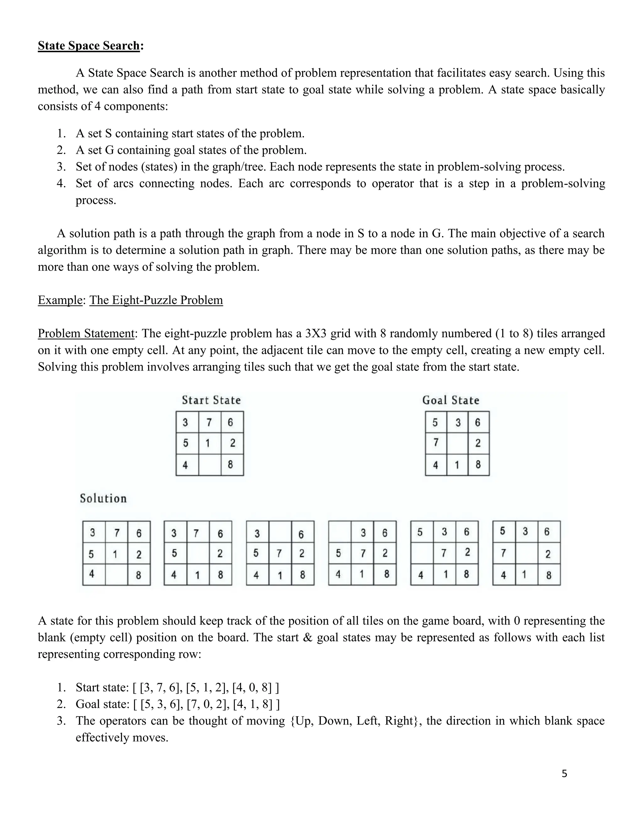 5
State Space Search:
A State Space Search is another method of problem representation that facilitates easy search. Using this
method, we can also find a path from start state to goal state while solving a problem. A state space basically
consists of 4 components:
1. A set S containing start states of the problem.
2. A set G containing goal states of the problem.
3. Set of nodes (states) in the graph/tree. Each node represents the state in problem-solving process.
4. Set of arcs connecting nodes. Each arc corresponds to operator that is a step in a problem-solving
process.
A solution path is a path through the graph from a node in S to a node in G. The main objective of a search
algorithm is to determine a solution path in graph. There may be more than one solution paths, as there may be
more than one ways of solving the problem.
Example: The Eight-Puzzle Problem
Problem Statement: The eight-puzzle problem has a 3X3 grid with 8 randomly numbered (1 to 8) tiles arranged
on it with one empty cell. At any point, the adjacent tile can move to the empty cell, creating a new empty cell.
Solving this problem involves arranging tiles such that we get the goal state from the start state.
A state for this problem should keep track of the position of all tiles on the game board, with 0 representing the
blank (empty cell) position on the board. The start & goal states may be represented as follows with each list
representing corresponding row:
1. Start state: [ [3, 7, 6], [5, 1, 2], [4, 0, 8] ]
2. Goal state: [ [5, 3, 6], [7, 0, 2], [4, 1, 8] ]
3. The operators can be thought of moving {Up, Down, Left, Right}, the direction in which blank space
effectively moves.
 