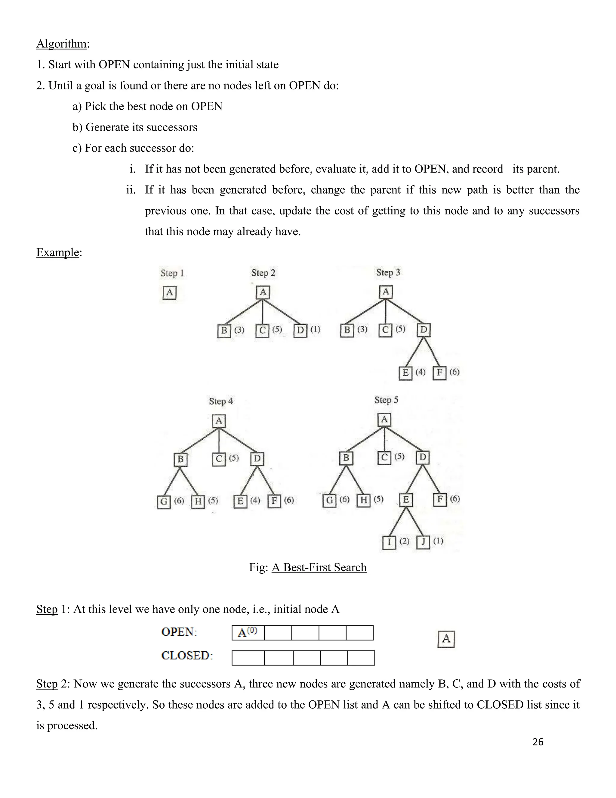 26
Algorithm:
1. Start with OPEN containing just the initial state
2. Until a goal is found or there are no nodes left on OPEN do:
a) Pick the best node on OPEN
b) Generate its successors
c) For each successor do:
i. If it has not been generated before, evaluate it, add it to OPEN, and record its parent.
ii. If it has been generated before, change the parent if this new path is better than the
previous one. In that case, update the cost of getting to this node and to any successors
that this node may already have.
Example:
Fig: A Best-First Search
Step 1: At this level we have only one node, i.e., initial node A
Step 2: Now we generate the successors A, three new nodes are generated namely B, C, and D with the costs of
3, 5 and 1 respectively. So these nodes are added to the OPEN list and A can be shifted to CLOSED list since it
is processed.
 