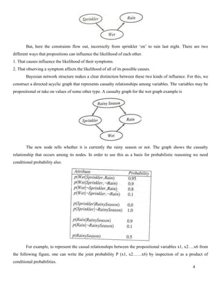 4
But, here the constraints flow out, incorrectly from sprinkler ‘on’ to rain last night. There are two
different ways that propositions can influence the likelihood of each other.
1. That causes influence the likelihood of their symptoms.
2. That observing a symptom affects the likelihood of all of its possible causes.
Bayesian network structure makes a clear distinction between these two kinds of influence. For this, we
construct a directed acyclic graph that represents casualty relationships among variables. The variables may be
propositional or take on values of some other type. A casualty graph for the wet graph example is
The new node tells whether it is currently the rainy season or not. The graph shows the casualty
relationship that occurs among its nodes. In order to use this as a basis for probabilistic reasoning we need
conditional probability also.
For example, to represent the casual relationships between the propositional variables x1, x2….x6 from
the following figure, one can write the joint probability P (x1, x2……x6) by inspection of as a product of
conditional probabilities.
 