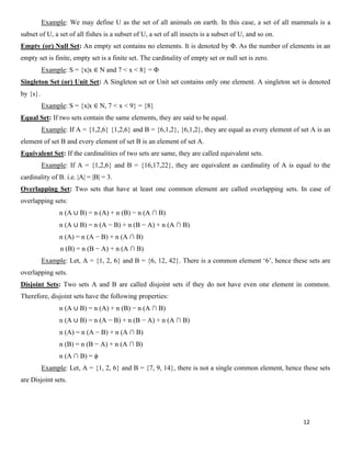 12
Example: We may define U as the set of all animals on earth. In this case, a set of all mammals is a
subset of U, a set of all fishes is a subset of U, a set of all insects is a subset of U, and so on.
Empty (or) Null Set: An empty set contains no elements. It is denoted by Φ. As the number of elements in an
empty set is finite, empty set is a finite set. The cardinality of empty set or null set is zero.
Example: S = {x|x ∈ N and 7 < x < 8} = Φ
Singleton Set (or) Unit Set: A Singleton set or Unit set contains only one element. A singleton set is denoted
by {s}.
Example: S = {x|x ∈ N, 7 < x < 9} = {8}
Equal Set: If two sets contain the same elements, they are said to be equal.
Example: If A = {1,2,6} {1,2,6} and B = {6,1,2}, {6,1,2}, they are equal as every element of set A is an
element of set B and every element of set B is an element of set A.
Equivalent Set: If the cardinalities of two sets are same, they are called equivalent sets.
Example: If A = {1,2,6} and B = {16,17,22}, they are equivalent as cardinality of A is equal to the
cardinality of B. i.e. |A| = |B| = 3.
Overlapping Set: Two sets that have at least one common element are called overlapping sets. In case of
overlapping sets:
n (A ∪ B) = n (A) + n (B) − n (A ∩ B)
n (A ∪ B) = n (A − B) + n (B − A) + n (A ∩ B)
n (A) = n (A − B) + n (A ∩ B)
n (B) = n (B − A) + n (A ∩ B)
Example: Let, A = {1, 2, 6} and B = {6, 12, 42}. There is a common element ‘6’, hence these sets are
overlapping sets.
Disjoint Sets: Two sets A and B are called disjoint sets if they do not have even one element in common.
Therefore, disjoint sets have the following properties:
n (A ∪ B) = n (A) + n (B) − n (A ∩ B)
n (A ∪ B) = n (A − B) + n (B − A) + n (A ∩ B)
n (A) = n (A − B) + n (A ∩ B)
n (B) = n (B − A) + n (A ∩ B)
n (A ∩ B) = ϕ
Example: Let, A = {1, 2, 6} and B = {7, 9, 14}, there is not a single common element, hence these sets
are Disjoint sets.
 