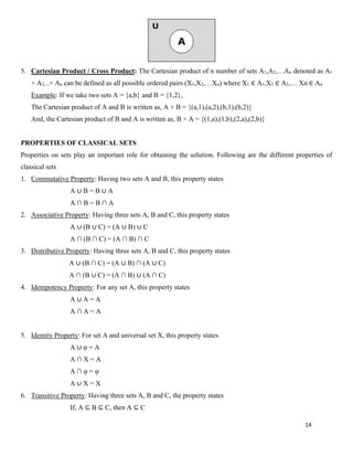 14
5. Cartesian Product / Cross Product: The Cartesian product of n number of sets A1,A2,…An denoted as A1
× A2...× An can be defined as all possible ordered pairs (X1,X2,…Xn) where X1 ∈ A1,X2 ∈ A2,… Xn ∈ An
Example: If we take two sets A = {a,b} and B = {1,2},
The Cartesian product of A and B is written as, A × B = {(a,1),(a,2),(b,1),(b,2)}
And, the Cartesian product of B and A is written as, B × A = {(1,a),(1,b),(2,a),(2,b)}
PROPERTIES OF CLASSICAL SETS
Properties on sets play an important role for obtaining the solution. Following are the different properties of
classical sets
1. Commutative Property: Having two sets A and B, this property states
A ∪ B = B ∪ A
A ∩ B = B ∩ A
2. Associative Property: Having three sets A, B and C, this property states
A ∪ (B ∪ C) = (A ∪ B) ∪ C
A ∩ (B ∩ C) = (A ∩ B) ∩ C
3. Distributive Property: Having three sets A, B and C, this property states
A ∪ (B ∩ C) = (A ∪ B) ∩ (A ∪ C)
A ∩ (B ∪ C) = (A ∩ B) ∪ (A ∩ C)
4. Idempotency Property: For any set A, this property states
A ∪ A = A
A ∩ A = A
5. Identity Property: For set A and universal set X, this property states
A ∪ φ = A
A ∩ X = A
A ∩ φ = φ
A ∪ X = X
6. Transitive Property: Having three sets A, B and C, the property states
If, A ⊆ B ⊆ C, then A ⊆ C
 