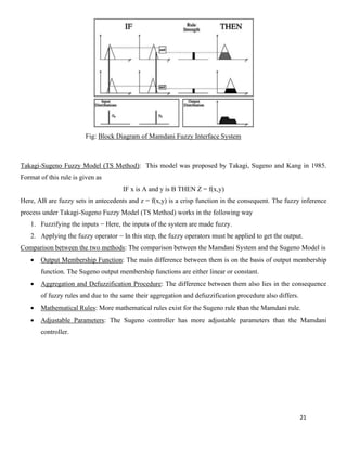 21
Fig: Block Diagram of Mamdani Fuzzy Interface System
Takagi-Sugeno Fuzzy Model (TS Method): This model was proposed by Takagi, Sugeno and Kang in 1985.
Format of this rule is given as
IF x is A and y is B THEN Z = f(x,y)
Here, AB are fuzzy sets in antecedents and z = f(x,y) is a crisp function in the consequent. The fuzzy inference
process under Takagi-Sugeno Fuzzy Model (TS Method) works in the following way
1. Fuzzifying the inputs − Here, the inputs of the system are made fuzzy.
2. Applying the fuzzy operator − In this step, the fuzzy operators must be applied to get the output.
Comparison between the two methods: The comparison between the Mamdani System and the Sugeno Model is
• Output Membership Function: The main difference between them is on the basis of output membership
function. The Sugeno output membership functions are either linear or constant.
• Aggregation and Defuzzification Procedure: The difference between them also lies in the consequence
of fuzzy rules and due to the same their aggregation and defuzzification procedure also differs.
• Mathematical Rules: More mathematical rules exist for the Sugeno rule than the Mamdani rule.
• Adjustable Parameters: The Sugeno controller has more adjustable parameters than the Mamdani
controller.
 