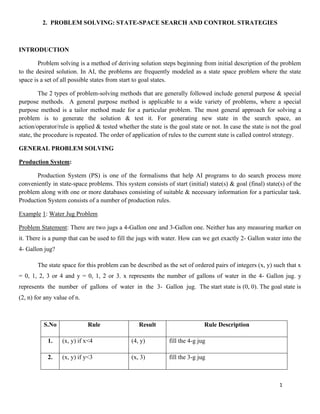 1
2. PROBLEM SOLVING: STATE-SPACE SEARCH AND CONTROL STRATEGIES
INTRODUCTION
Problem solving is a method of deriving solution steps beginning from initial description of the problem
to the desired solution. In AI, the problems are frequently modeled as a state space problem where the state
space is a set of all possible states from start to goal states.
The 2 types of problem-solving methods that are generally followed include general purpose & special
purpose methods. A general purpose method is applicable to a wide variety of problems, where a special
purpose method is a tailor method made for a particular problem. The most general approach for solving a
problem is to generate the solution & test it. For generating new state in the search space, an
action/operator/rule is applied & tested whether the state is the goal state or not. In case the state is not the goal
state, the procedure is repeated. The order of application of rules to the current state is called control strategy.
GENERAL PROBLEM SOLVING
Production System:
Production System (PS) is one of the formalisms that help AI programs to do search process more
conveniently in state-space problems. This system consists of start (initial) state(s) & goal (final) state(s) of the
problem along with one or more databases consisting of suitable & necessary information for a particular task.
Production System consists of a number of production rules.
Example 1: Water Jug Problem
Problem Statement: There are two jugs a 4-Gallon one and 3-Gallon one. Neither has any measuring marker on
it. There is a pump that can be used to fill the jugs with water. How can we get exactly 2- Gallon water into the
4- Gallon jug?
The state space for this problem can be described as the set of ordered pairs of integers (x, y) such that x
= 0, 1, 2, 3 or 4 and y = 0, 1, 2 or 3. x represents the number of gallons of water in the 4- Gallon jug. y
represents the number of gallons of water in the 3- Gallon jug. The start state is (0, 0). The goal state is
(2, n) for any value of n.
S.No Rule Result Rule Description
1. (x, y) if x<4 (4, y) fill the 4-g jug
2. (x, y) if y<3 (x, 3) fill the 3-g jug
 