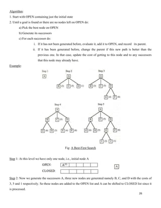 26
Algorithm:
1. Start with OPEN containing just the initial state
2. Until a goal is found or there are no nodes left on OPEN do:
a) Pick the best node on OPEN
b) Generate its successors
c) For each successor do:
i. If it has not been generated before, evaluate it, add it to OPEN, and record its parent.
ii. If it has been generated before, change the parent if this new path is better than the
previous one. In that case, update the cost of getting to this node and to any successors
that this node may already have.
Example:
Fig: A Best-First Search
Step 1: At this level we have only one node, i.e., initial node A
Step 2: Now we generate the successors A, three new nodes are generated namely B, C, and D with the costs of
3, 5 and 1 respectively. So these nodes are added to the OPEN list and A can be shifted to CLOSED list since it
is processed.
 