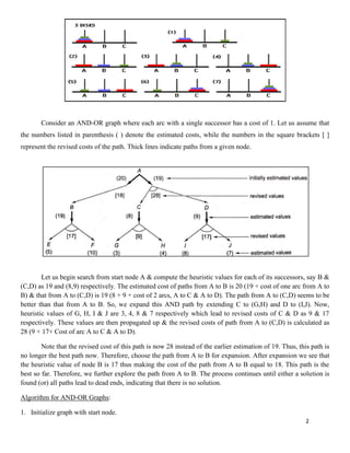 2
Consider an AND-OR graph where each arc with a single successor has a cost of 1. Let us assume that
the numbers listed in parenthesis ( ) denote the estimated costs, while the numbers in the square brackets [ ]
represent the revised costs of the path. Thick lines indicate paths from a given node.
Let us begin search from start node A & compute the heuristic values for each of its successors, say B &
(C,D) as 19 and (8,9) respectively. The estimated cost of paths from A to B is 20 (19 + cost of one arc from A to
B) & that from A to (C,D) is 19 (8 + 9 + cost of 2 arcs, A to C & A to D). The path from A to (C,D) seems to be
better than that from A to B. So, we expand this AND path by extending C to (G,H) and D to (I,J). Now,
heuristic values of G, H, I & J are 3, 4, 8 & 7 respectively which lead to revised costs of C & D as 9 & 17
respectively. These values are then propagated up & the revised costs of path from A to (C,D) is calculated as
28 (9 + 17+ Cost of arc A to C & A to D).
Note that the revised cost of this path is now 28 instead of the earlier estimation of 19. Thus, this path is
no longer the best path now. Therefore, choose the path from A to B for expansion. After expansion we see that
the heuristic value of node B is 17 thus making the cost of the path from A to B equal to 18. This path is the
best so far. Therefore, we further explore the path from A to B. The process continues until either a solution is
found (or) all paths lead to dead ends, indicating that there is no solution.
Algorithm for AND-OR Graphs:
1. Initialize graph with start node.
 