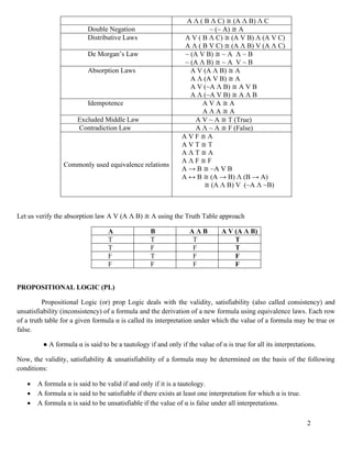 2
A Λ ( B Λ C) ≅ (A Λ B) Λ C
Double Negation ~ (~ A) ≅ A
Distributive Laws A V ( B Λ C) ≅ (A V B) Λ (A V C)
A Λ ( B V C) ≅ (A Λ B) V (A Λ C)
De Morgan’s Law ~ (A V B) ≅ ~ A Λ ~ B
~ (A Λ B) ≅ ~ A V ~ B
Absorption Laws A V (A Λ B) ≅ A
A Λ (A V B) ≅ A
A V (~A Λ B) ≅ A V B
A Λ (~A V B) ≅ A Λ B
Idempotence A V A ≅ A
A Λ A ≅ A
Excluded Middle Law A V ~ A ≅ T (True)
Contradiction Law A Λ ~ A ≅ F (False)
Commonly used equivalence relations
A V F ≅ A
A V T ≅ T
A Λ T ≅ A
A Λ F ≅ F
A → B ≅ ~A V B
A ↔ B ≅ (A → B) Λ (B → A)
≅ (A Λ B) V (~A Λ ~B)
Let us verify the absorption law A V (A Λ B) ≅ A using the Truth Table approach
A B A Λ B A V (A Λ B)
T T T T
T F F T
F T F F
F F F F
PROPOSITIONAL LOGIC (PL)
Propositional Logic (or) prop Logic deals with the validity, satisfiability (also called consistency) and
unsatisfiability (inconsistency) of a formula and the derivation of a new formula using equivalence laws. Each row
of a truth table for a given formula α is called its interpretation under which the value of a formula may be true or
false.
● A formula α is said to be a tautology if and only if the value of α is true for all its interpretations.
Now, the validity, satisfiability & unsatisfiability of a formula may be determined on the basis of the following
conditions:
• A formula α is said to be valid if and only if it is a tautology.
• A formula α is said to be satisfiable if there exists at least one interpretation for which α is true.
• A formula α is said to be unsatisfiable if the value of α is false under all interpretations.
 
