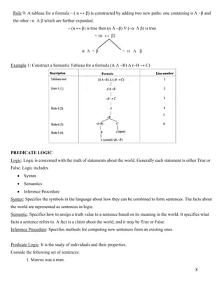 8
Rule 9: A tableau for a formula ~ ( α ↔ β) is constructed by adding two new paths: one containing α Λ ~β and
the other ~α Λ β which are furthur expanded.
~ (α ↔ β) is true then (α Λ ~β) V (~α Λ β) is true
Example 1: Construct a Semantic Tableau for a formula (A Λ ~B) Λ (~B → C)
PREDICATE LOGIC
Logic: Logic is concerned with the truth of statements about the world. Generally each statement is either True or
False. Logic includes
• Syntax
• Semantics
• Inference Procedure
Syntax: Specifies the symbols in the language about how they can be combined to form sentences. The facts about
the world are represented as sentences in logic.
Semantic: Specifies how to assign a truth value to a sentence based on its meaning in the world. It specifies what
facts a sentence refers to. A fact is a claim about the world, and it may be True or False.
Inference Procedure: Specifies methods for computing new sentences from an existing ones.
Predicate Logic: It is the study of individuals and their properties.
Conside the following set of sentences:
1. Marcus was a man.
 