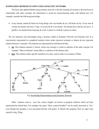 3
KNOWLEDGE REPRESENTATION USING SEMANTIC NETWORK
The basic idea applied behind using semantic network is that the meaning of concept is derived from its
relationship with other concepts; the information is stored by interconnecting nodes with labeled arcs. For
example, consider the following knowledge:
• Every human, animal & birds are living things who can breathe & eat. All birds can fly. Every man &
woman are human who have 2 legs. A cat has fur & is an animal. All animals have skin & can move. A
giraffe is an animal & has long legs & is tall. A parrot is a bird & is green in colour.
We can represent such knowledge using a structure called as Semantic Network (or) Semantic Net. It is
conveniently represented in a graphical notation where nodes represent concepts or objects & arcs represent
relation between 2 concepts. The relations are represented by bold directed links.
• isa: This relation connects 2 classes, where one concept is a kind or subclass of the other concept. For
example, “Man isa Human” means Man is a subclass of the Human class.
• inst: This relation relates specific members of a class, such as John is an instance of Man.
Fig: Knowledge Representation using Semantic Network
Other relations such as {can, has, colour, height} are known as property relations which are been
represented by dotted lines. For example, the query “Does a parrot breathe?” can be easily answered as ‘Yes’
even though this property is not associated directly with parrot. It inherits this property from its super class
named Living_Thing.
 