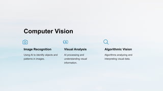 Computer Vision
Image Recognition
Using AI to identify objects and
patterns in images.
Visual Analysis
AI processing and
understanding visual
information.
Algorithmic Vision
Algorithms analyzing and
interpreting visual data.
 