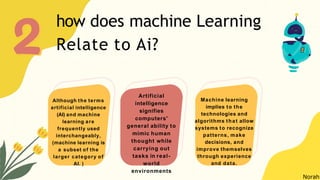 how does machine Learning
Relate to Ai?
Machine learning
implies to the
technologies and
algorithms that allow
systems to recognize
patterns, make
decisions, and
improve themselves
through experience
and data.
Although the terms
artificial intelligence
(AI) and machine
learning are
frequently used
interchangeably,
(machine learning is
a subset of the
larger category of
AI. )
Artificial
intelligence
signifies
computers'
general ability to
mimic human
thought while
carrying out
tasks in real-
world
environments
Norah
 