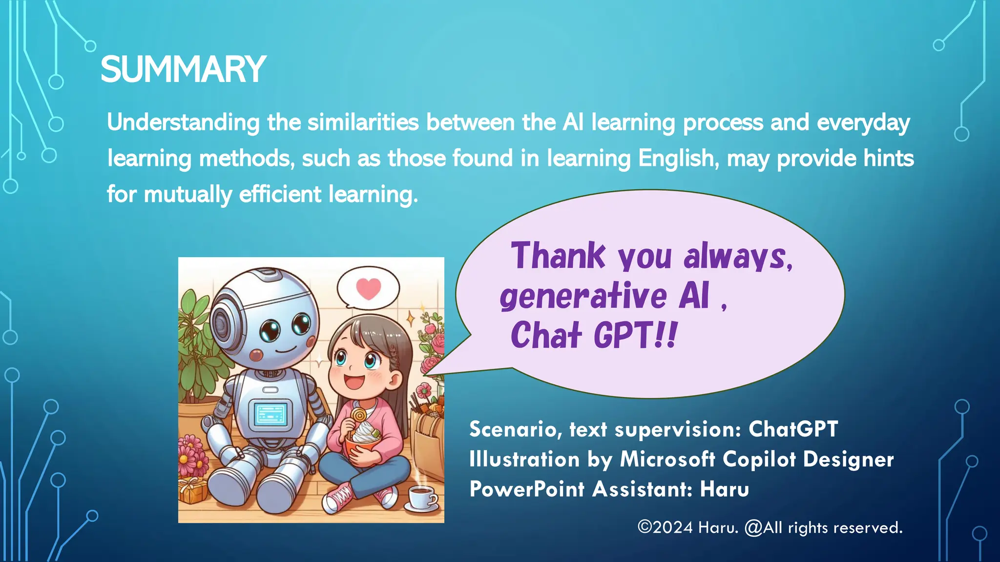 SUMMARY
Understanding the similarities between the AI learning process and everyday
learning methods, such as those found in learning English, may provide hints
for mutually efficient learning.
©2024 Haru. @All rights reserved.
Thank you always,
generative AI ,
Chat GPT!!
Scenario, text supervision: ChatGPT
Illustration by Microsoft Copilot Designer
PowerPoint Assistant: Haru
 