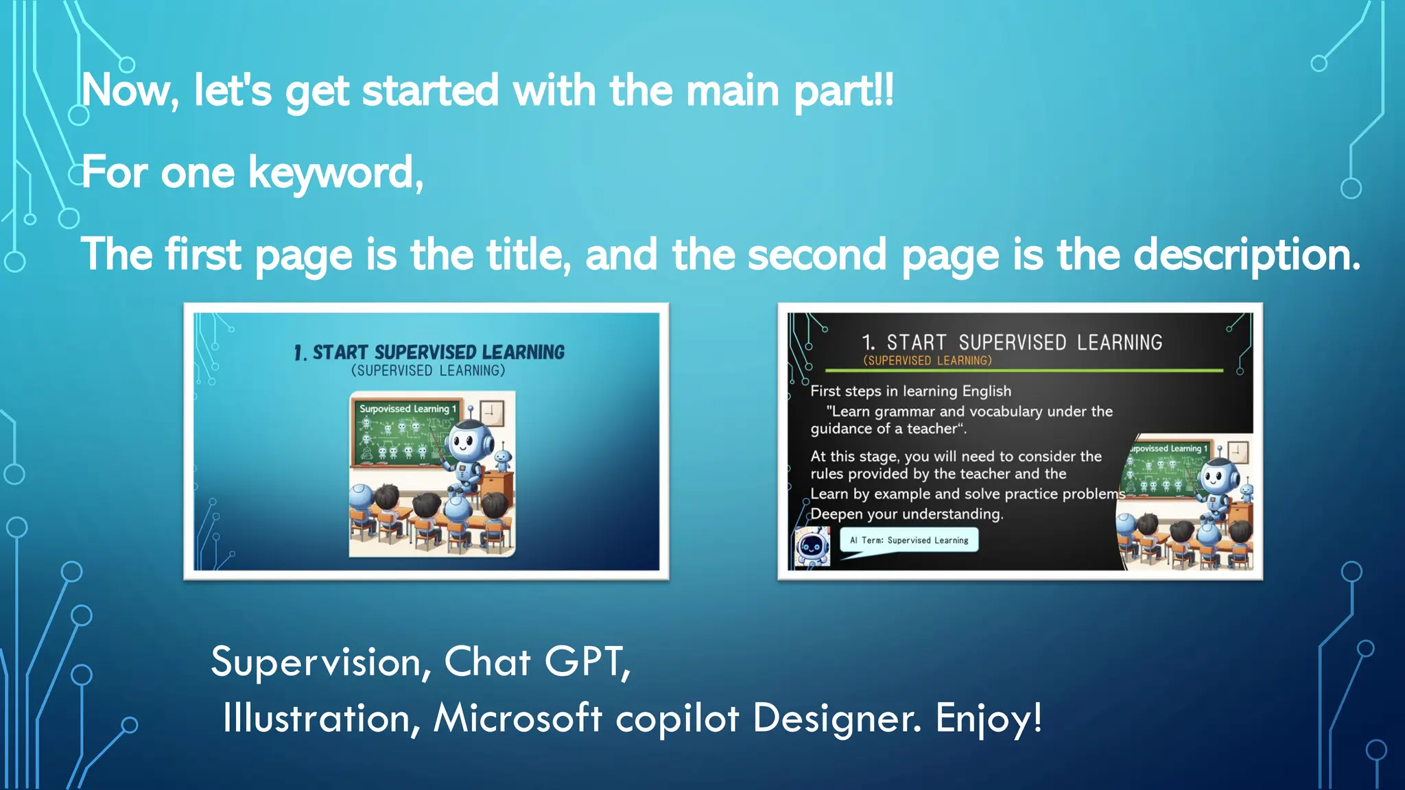 Now, let's get started with the main part!!
For one keyword,
The first page is the title, and the second page is the description.
Supervision, Chat GPT,
Illustration, Microsoft copilot Designer. Enjoy!
 