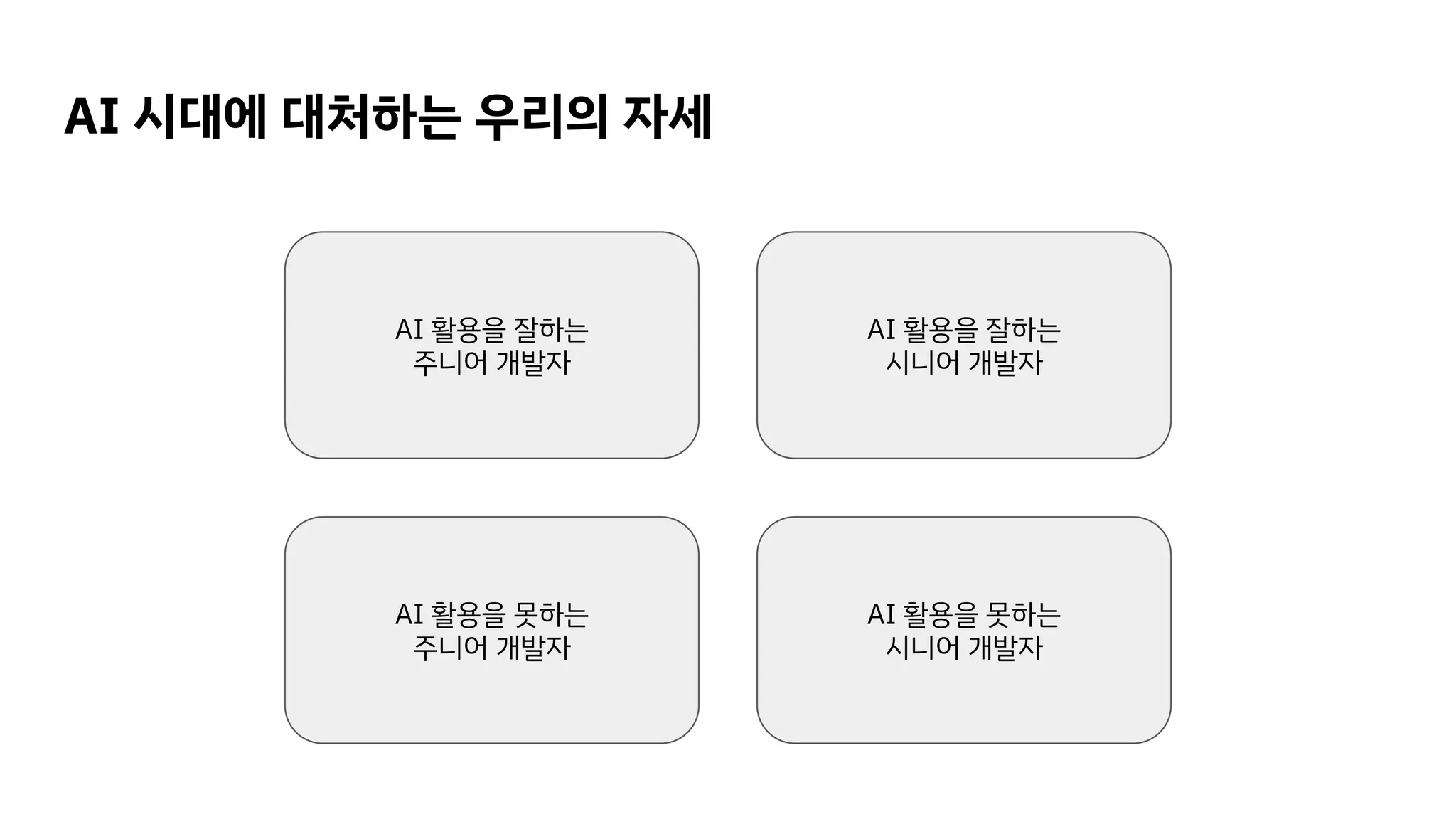 AI 시대에 대처하는 우리의 자세
AI 활용을 잘하는
주니어 개발자
AI 활용을 잘하는
시니어 개발자
AI 활용을 못하는
주니어 개발자
AI 활용을 못하는
시니어 개발자
 