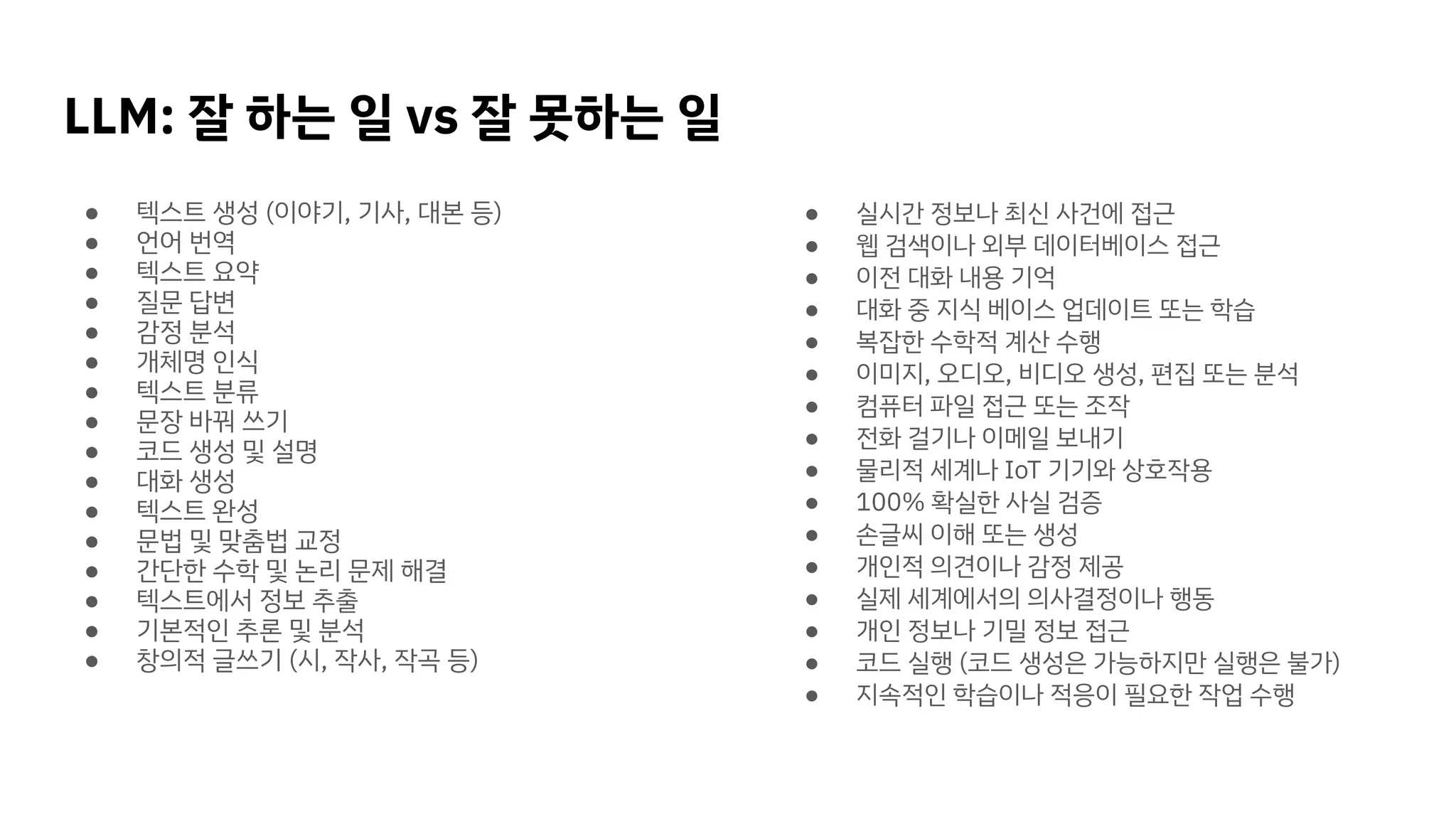 LLM: 잘 하는 일 vs 잘 못하는 일
● 텍스트 생성 (이야기, 기사, 대본 등)
● 언어 번역
● 텍스트 요약
● 질문 답변
● 감정 분석
● 개체명 인식
● 텍스트 분류
● 문장 바꿔 쓰기
● 코드 생성 및 설명
● 대화 생성
● 텍스트 완성
● 문법 및 맞춤법 교정
● 간단한 수학 및 논리 문제 해결
● 텍스트에서 정보 추출
● 기본적인 추론 및 분석
● 창의적 글쓰기 (시, 작사, 작곡 등)
● 실시간 정보나 최신 사건에 접근
● 웹 검색이나 외부 데이터베이스 접근
● 이전 대화 내용 기억
● 대화 중 지식 베이스 업데이트 또는 학습
● 복잡한 수학적 계산 수행
● 이미지, 오디오, 비디오 생성, 편집 또는 분석
● 컴퓨터 파일 접근 또는 조작
● 전화 걸기나 이메일 보내기
● 물리적 세계나 IoT 기기와 상호작용
● 100% 확실한 사실 검증
● 손글씨 이해 또는 생성
● 개인적 의견이나 감정 제공
● 실제 세계에서의 의사결정이나 행동
● 개인 정보나 기밀 정보 접근
● 코드 실행 (코드 생성은 가능하지만 실행은 불가)
● 지속적인 학습이나 적응이 필요한 작업 수행
 