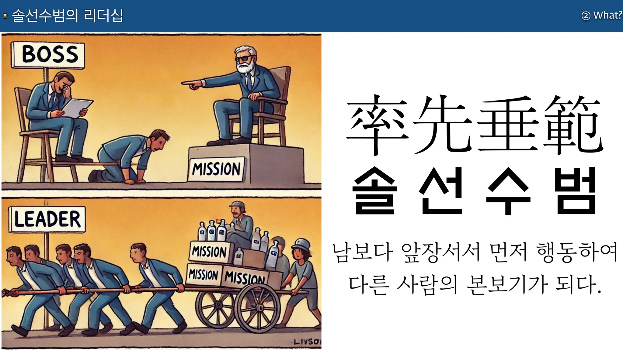 ② What?
솔선수범의 리더십
率先垂範
남보다 앞장서서 먼저 행동하여
다른 사람의 본보기가 되다.
솔 선 수 범
 