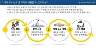 왜 이 특강을 들어야 할까?
그래서, 리더는 AI를 이렇게 사용할 수 있어야 한다.
•나부터 활용해서 AI에게 무엇을 맡길지, 어떤 것을 성공 실패로 규정할지 등을 스스로 인식한 후
•내가 사용하는 것을 넘어 구성원들이 더 적극 사용하도록 하되 Risk 관리, ROI 측정, 적정 툴의 선택하고,
•일하는 방법을 개선하는 것을 넘어 회사의 비즈니스 문제를 해결하고 사업 혁신을 꾀할 수 있는 방안을 찾아야 한다.
나도 활용
이해와 업무에
실질적 사용
같이 사용
함께 더 잘 좋게
사용하도록 독려
적정 도구 개발
제대로 사용할 수
있는 tool 발굴
문제 해결
개인을 넘어 회사
차원의 솔루션 발굴
 