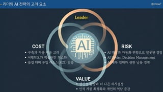 ③ How?
리더의 AI 전략의 고려 요소
Leader
•구축과 사용 비용 고려
•시행착오와 학습시간 최소화
•품질 대비 투입 리소스(ROI) 검증
•생산성 향상과 더 나은 의사결정
•인적 자원 최적화와 개인의 역량 증강
•AI 맹신과 자동화 편향으로 잘못된 결정
•AI Drvien Decision Management
•AI 내부 침해와 권한 남용 경계
 